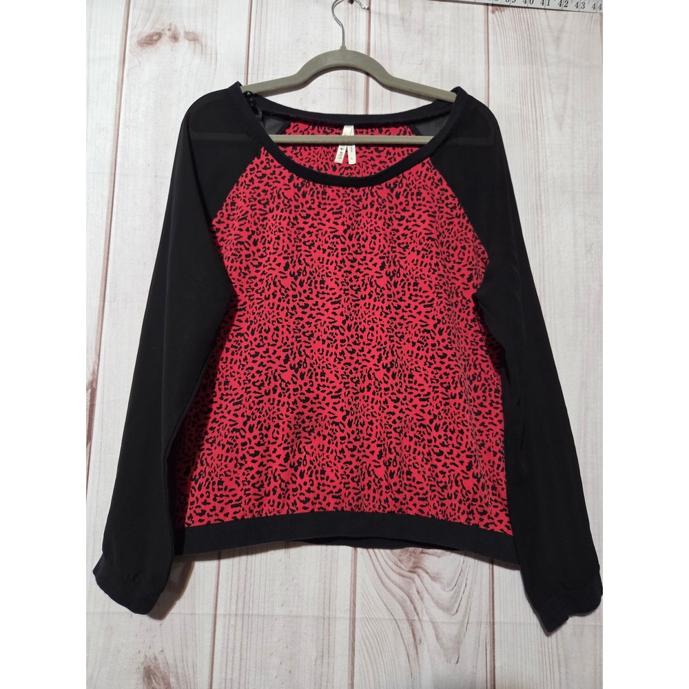 Live 4 Truth Womens Red Leopard Print Sheer Chiffon Raglan Sleeve Top Large